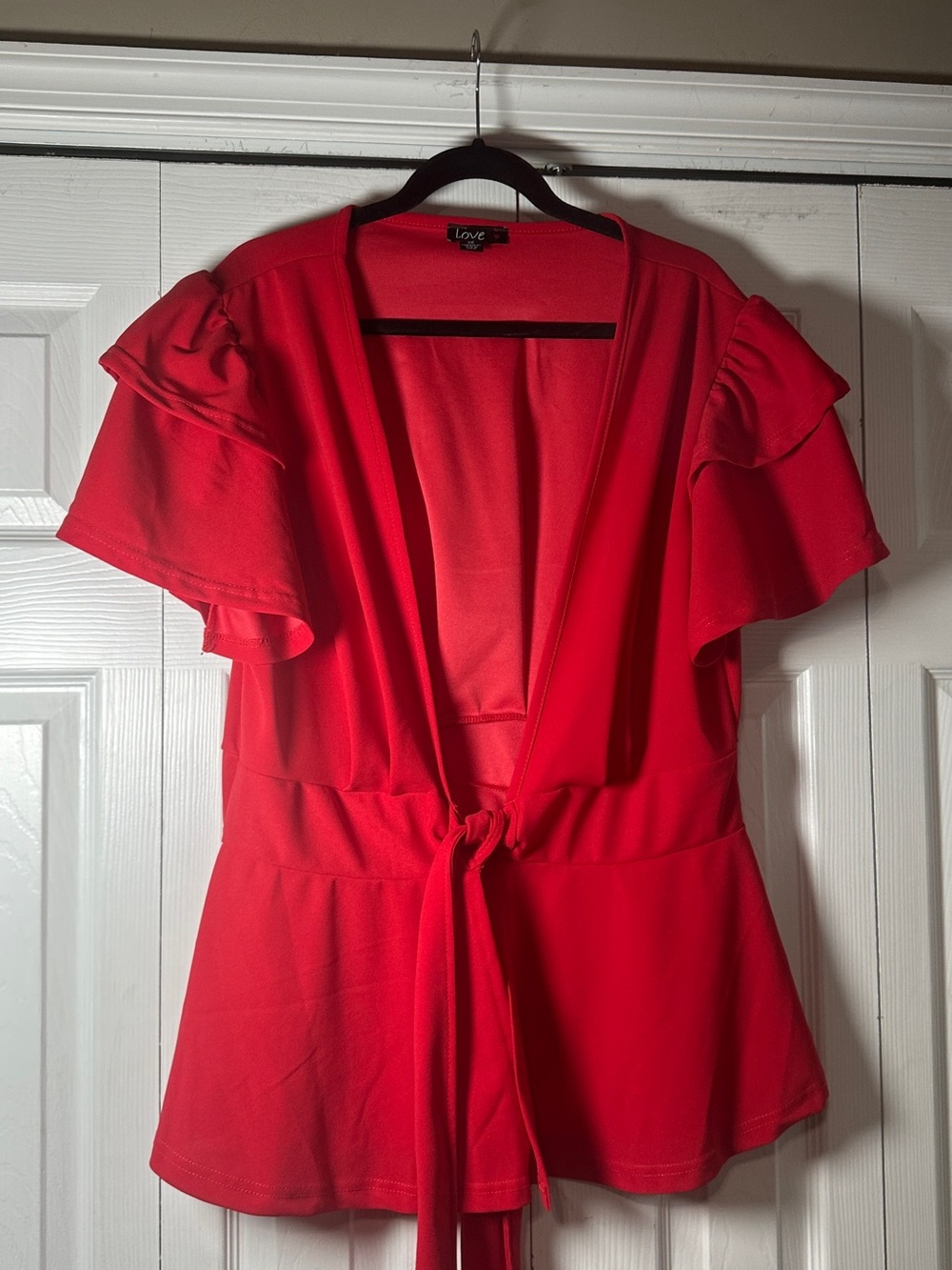 Love Red V-Neck Tie-Waist Flutter Sleeve Top
